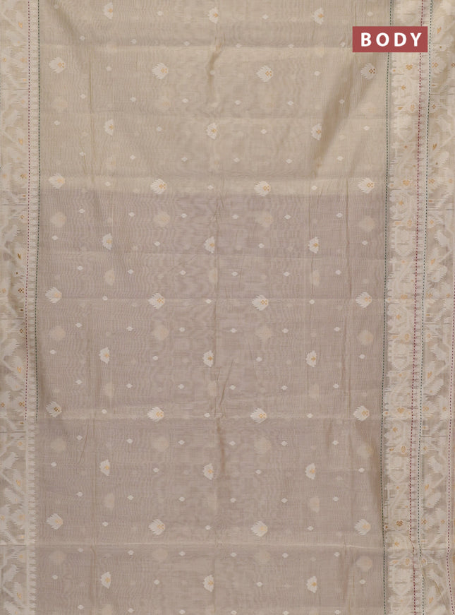 Chanderi silk cotton saree cream and maroon with thread & zari woven buttas and jamdhani kantha stitch work border