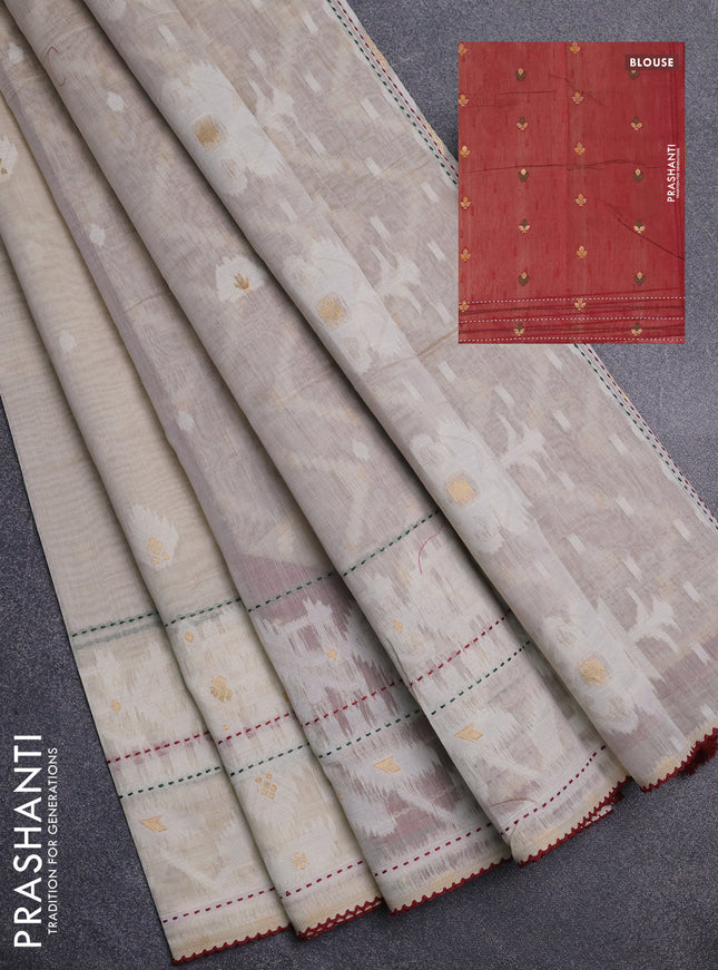 Chanderi silk cotton saree cream and maroon with thread & zari woven buttas and jamdhani kantha stitch work border