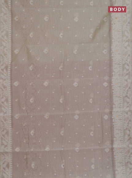 Chanderi silk cotton saree cream and rust shade with thread & zari woven buttas and jamdhani kantha stitch work border