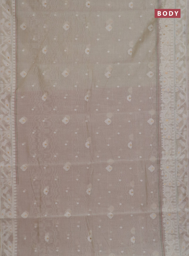 Chanderi silk cotton saree cream and rust shade with thread & zari woven buttas and jamdhani kantha stitch work border