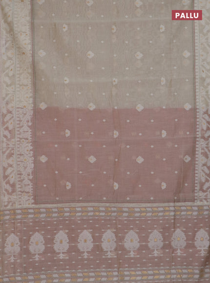 Chanderi silk cotton saree cream and rust shade with thread & zari woven buttas and jamdhani kantha stitch work border