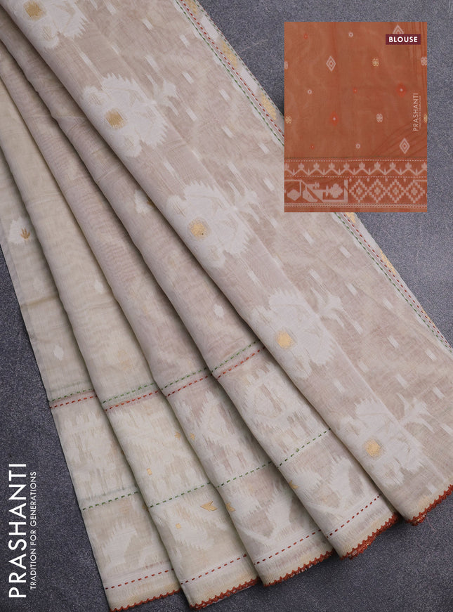 Chanderi silk cotton saree cream and rust shade with thread & zari woven buttas and jamdhani kantha stitch work border