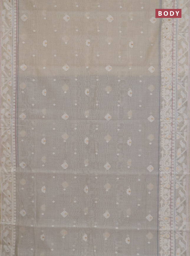 Chanderi silk cotton saree cream and navy blue with thread & zari woven buttas and jamdhani kantha stitch work border