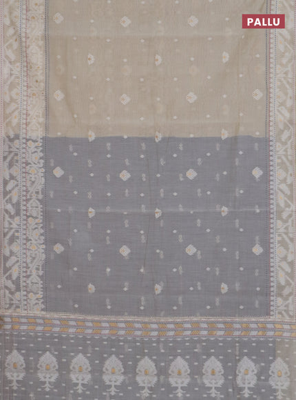 Chanderi silk cotton saree cream and navy blue with thread & zari woven buttas and jamdhani kantha stitch work border