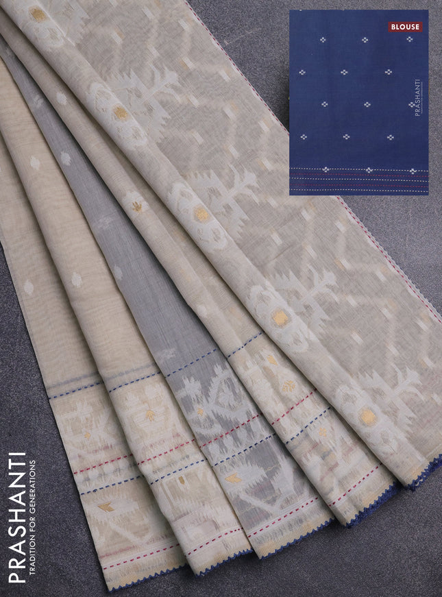 Chanderi silk cotton saree cream and navy blue with thread & zari woven buttas and jamdhani kantha stitch work border