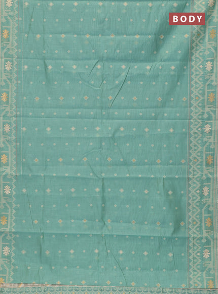 Chanderi silk cotton saree teal shade and cream with thread & zari woven buttas and jamdhani kantha stitch work border