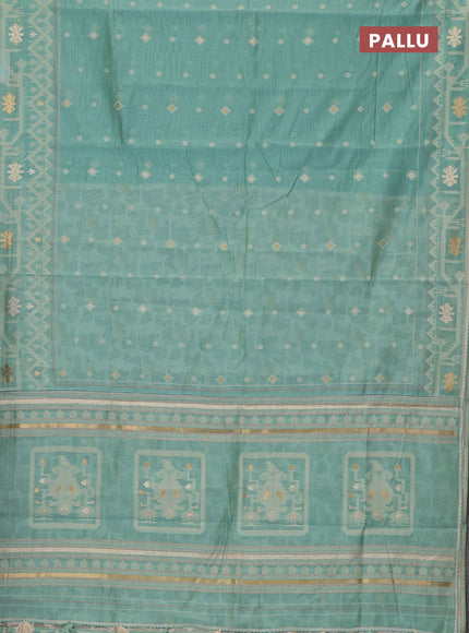 Chanderi silk cotton saree teal shade and cream with thread & zari woven buttas and jamdhani kantha stitch work border