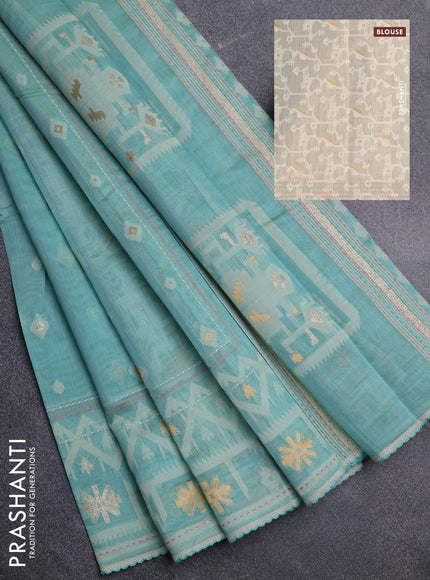 Chanderi silk cotton saree teal shade and cream with thread & zari woven buttas and jamdhani kantha stitch work border