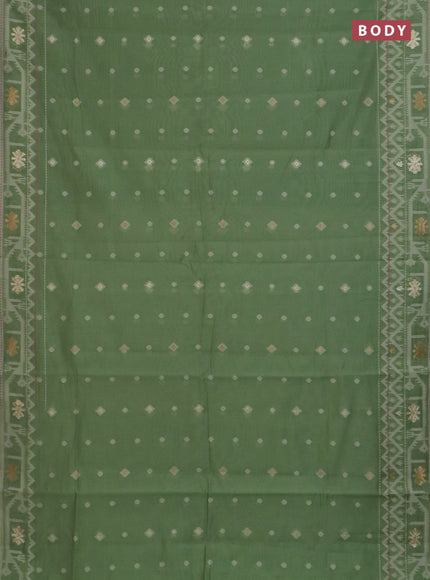 Chanderi silk cotton saree pastel green and cream with thread & zari woven buttas and jamdhani kantha stitch work border