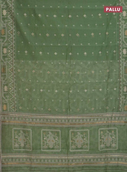 Chanderi silk cotton saree pastel green and cream with thread & zari woven buttas and jamdhani kantha stitch work border