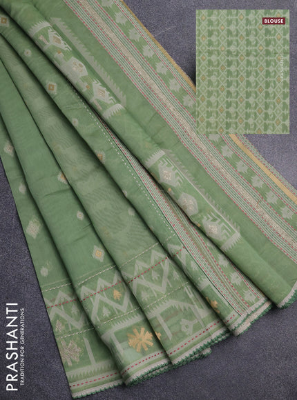 Chanderi silk cotton saree pastel green and cream with thread & zari woven buttas and jamdhani kantha stitch work border