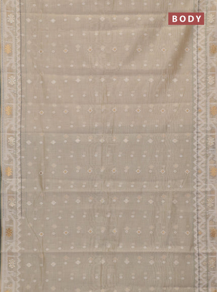 Chanderi silk cotton saree cream and pastel green with thread & zari woven buttas and jamdhani kantha stitch work border
