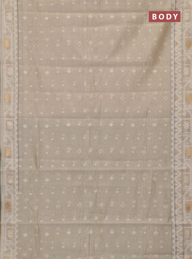Chanderi silk cotton saree cream and pastel green with thread & zari woven buttas and jamdhani kantha stitch work border