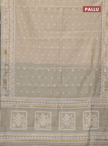 Chanderi silk cotton saree cream and pastel green with thread & zari woven buttas and jamdhani kantha stitch work border