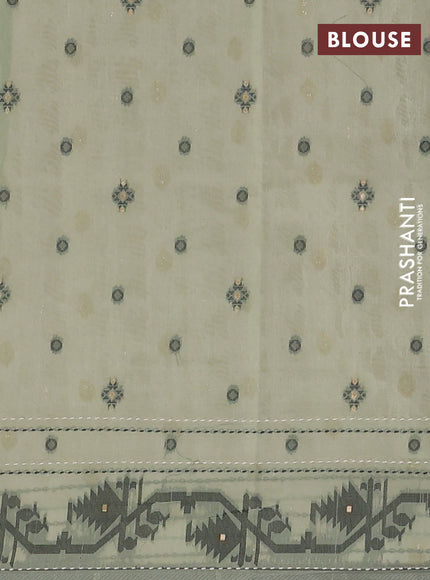 Chanderi silk cotton saree cream and pastel green with thread & zari woven buttas and jamdhani kantha stitch work border