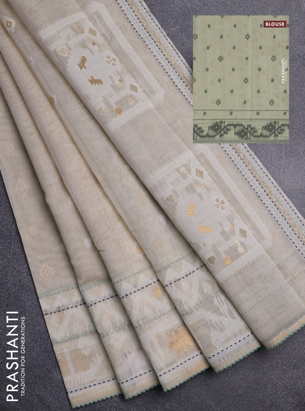 Chanderi silk cotton saree cream and pastel green with thread & zari woven buttas and jamdhani kantha stitch work border