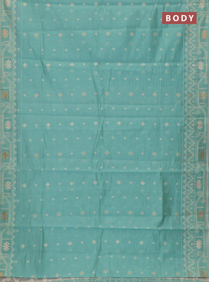 Chanderi silk cotton saree teal blue and cream with thread & zari woven buttas and jamdhani kantha stitch work border
