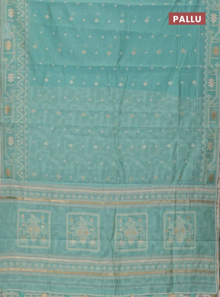 Chanderi silk cotton saree teal blue and cream with thread & zari woven buttas and jamdhani kantha stitch work border