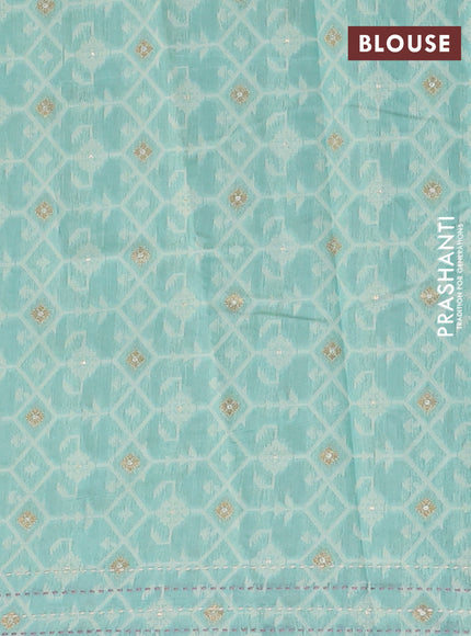 Chanderi silk cotton saree teal blue and cream with thread & zari woven buttas and jamdhani kantha stitch work border