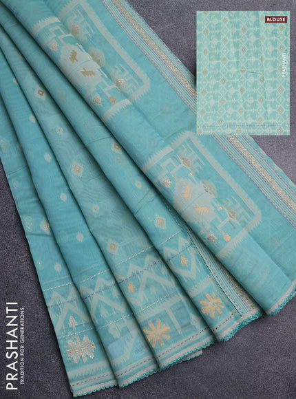 Chanderi silk cotton saree teal blue and cream with thread & zari woven buttas and jamdhani kantha stitch work border