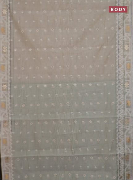 Chanderi silk cotton saree cream and teal green with thread & zari woven buttas and jamdhani kantha stitch work border