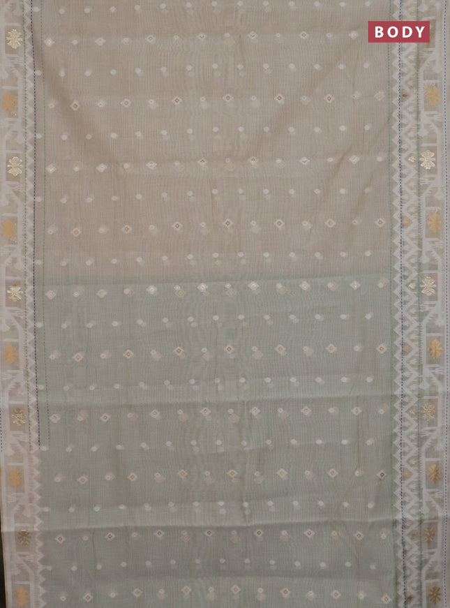 Chanderi silk cotton saree cream and teal green with thread & zari woven buttas and jamdhani kantha stitch work border