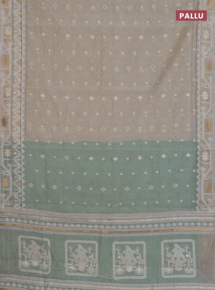 Chanderi silk cotton saree cream and teal green with thread & zari woven buttas and jamdhani kantha stitch work border