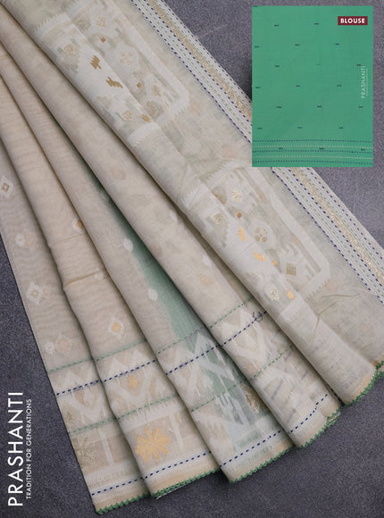 Chanderi silk cotton saree cream and teal green with thread & zari woven buttas and jamdhani kantha stitch work border