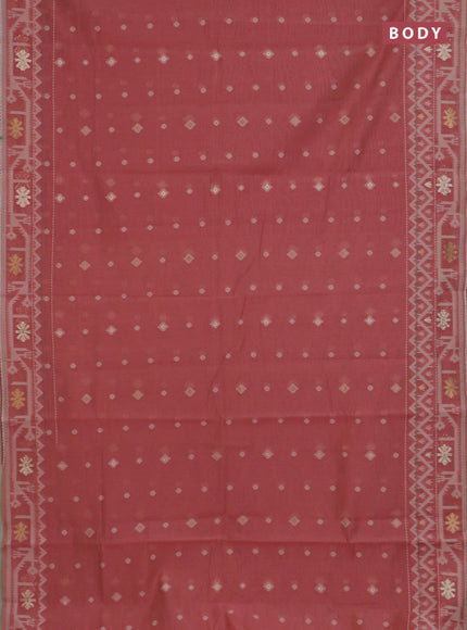 Chanderi silk cotton saree dark peach and cream with thread & zari woven buttas and jamdhani kantha stitch work border