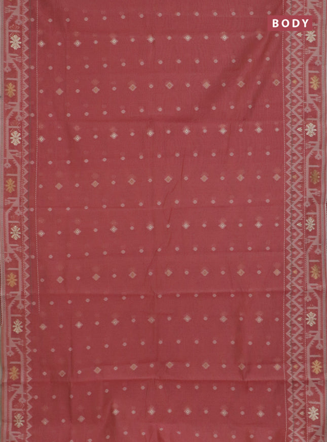 Chanderi silk cotton saree dark peach and cream with thread & zari woven buttas and jamdhani kantha stitch work border