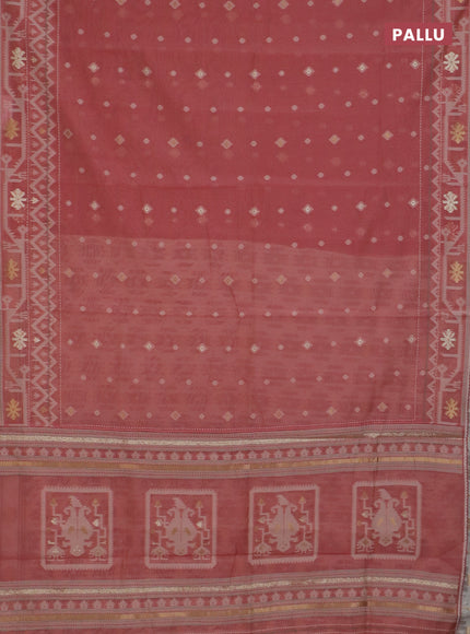 Chanderi silk cotton saree dark peach and cream with thread & zari woven buttas and jamdhani kantha stitch work border