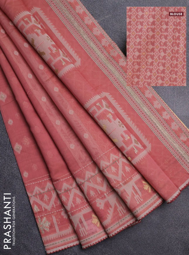 Chanderi silk cotton saree dark peach and cream with thread & zari woven buttas and jamdhani kantha stitch work border