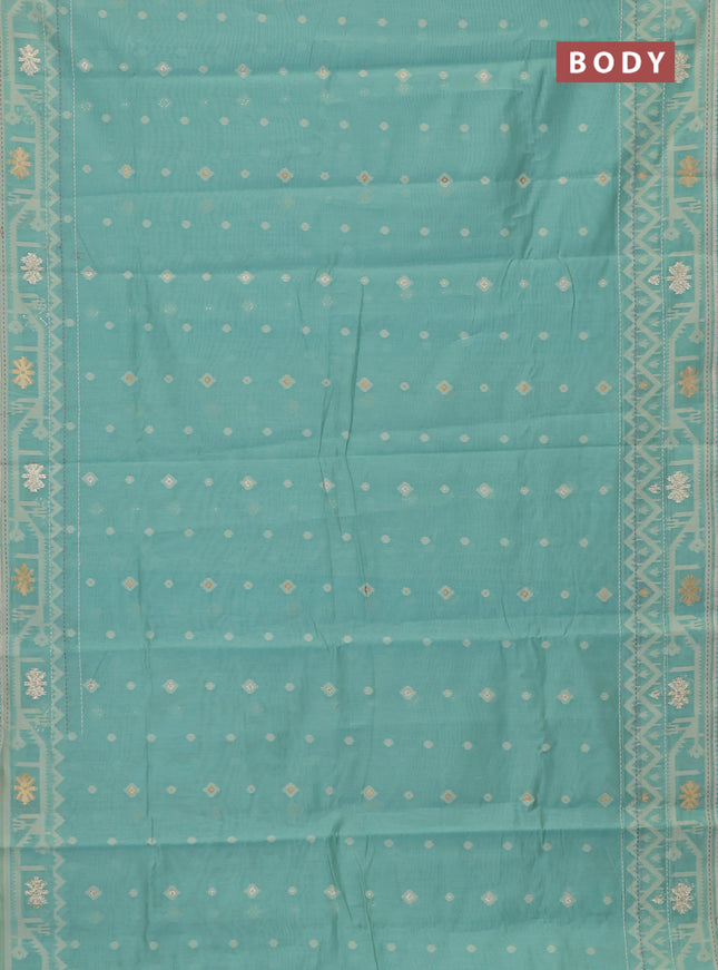 Chanderi silk cotton saree light blue and cream with thread & zari woven buttas and jamdhani kantha stitch work border