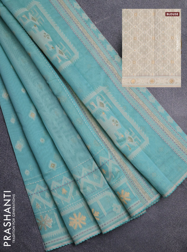 Chanderi silk cotton saree light blue and cream with thread & zari woven buttas and jamdhani kantha stitch work border