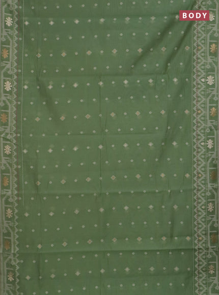 Chanderi silk cotton saree pastel green and cream with thread & zari woven buttas and jamdhani kantha stitch work border