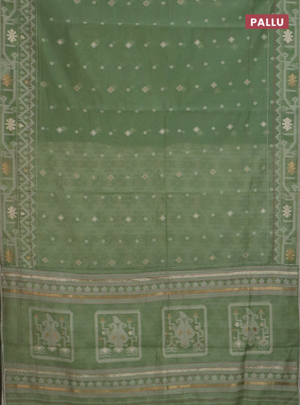 Chanderi silk cotton saree pastel green and cream with thread & zari woven buttas and jamdhani kantha stitch work border