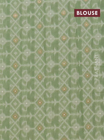 Chanderi silk cotton saree pastel green and cream with thread & zari woven buttas and jamdhani kantha stitch work border