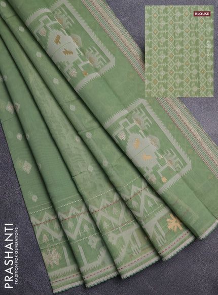 Chanderi silk cotton saree pastel green and cream with thread & zari woven buttas and jamdhani kantha stitch work border