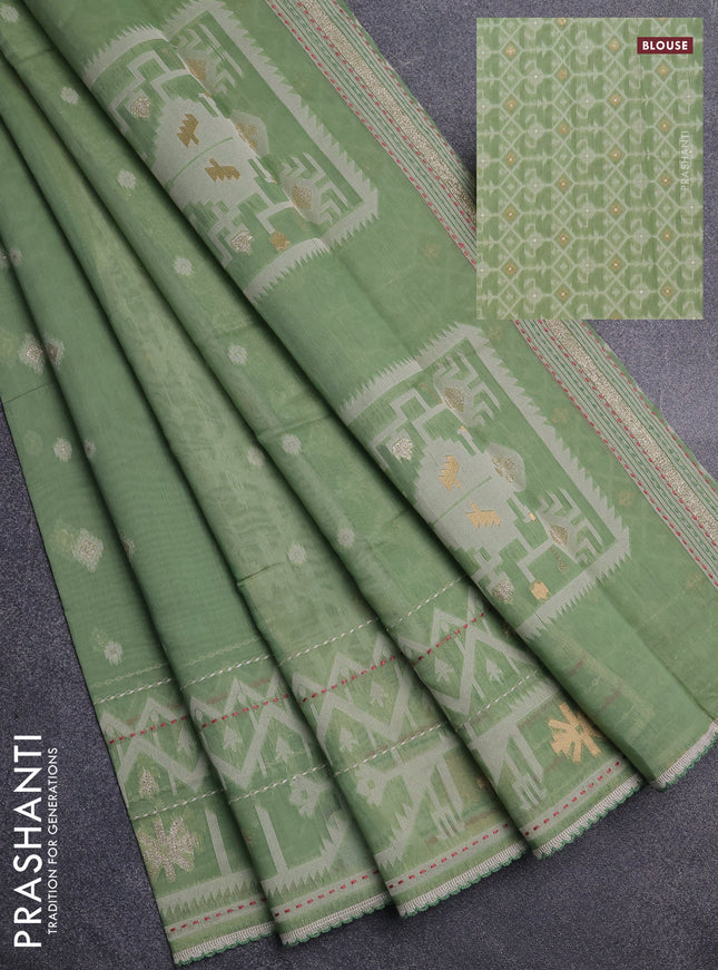 Chanderi silk cotton saree pastel green and cream with thread & zari woven buttas and jamdhani kantha stitch work border