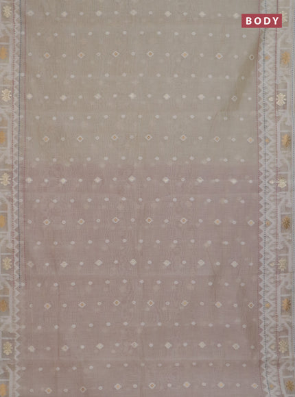 Chanderi silk cotton saree cream and mauve pink with thread & zari woven buttas and jamdhani kantha stitch work border