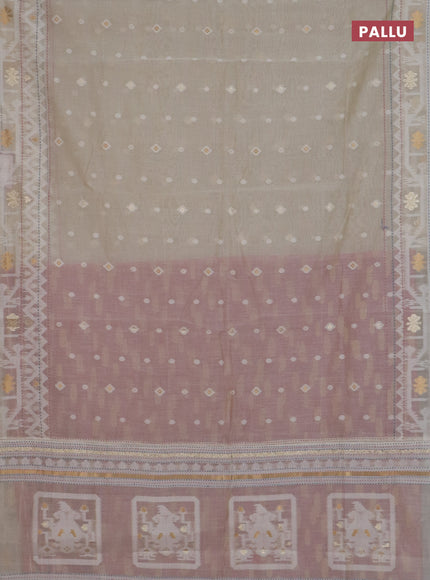 Chanderi silk cotton saree cream and mauve pink with thread & zari woven buttas and jamdhani kantha stitch work border