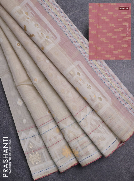 Chanderi silk cotton saree cream and mauve pink with thread & zari woven buttas and jamdhani kantha stitch work border