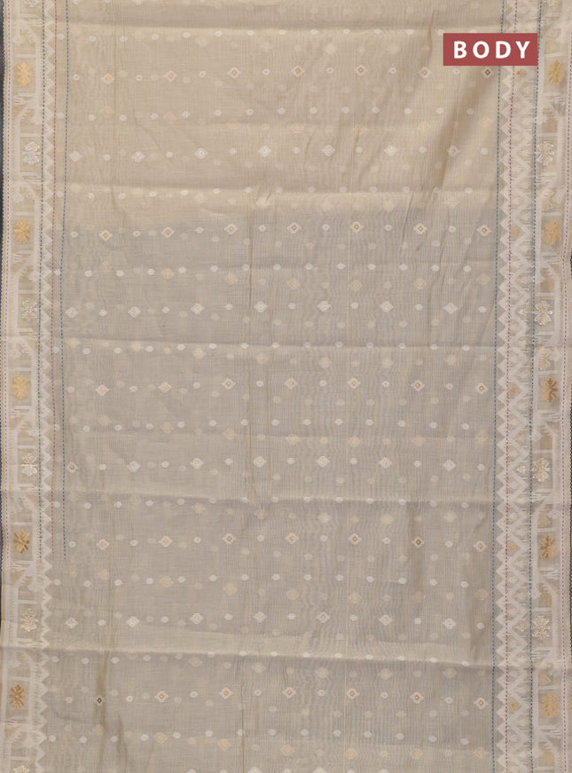 Chanderi silk cotton saree cream and blue shade with thread & zari woven buttas and jamdhani kantha stitch work border