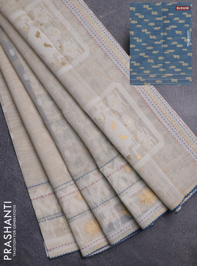 Chanderi silk cotton saree cream and blue shade with thread & zari woven buttas and jamdhani kantha stitch work border