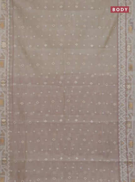 Chanderi silk cotton saree cream and rust shade with thread & zari woven buttas and jamdhani kantha stitch work border