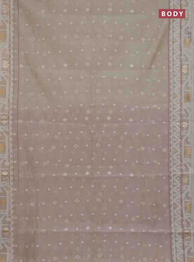 Chanderi silk cotton saree cream and rust shade with thread & zari woven buttas and jamdhani kantha stitch work border