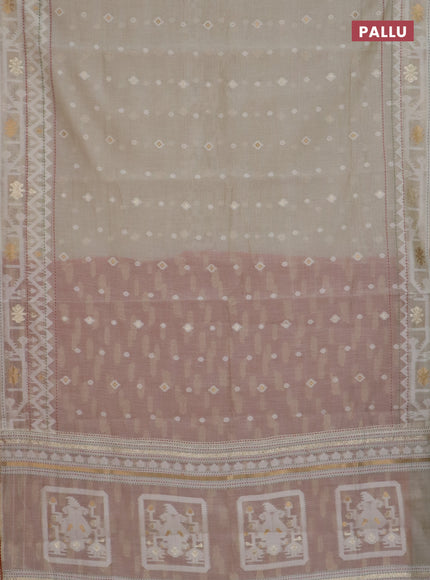 Chanderi silk cotton saree cream and rust shade with thread & zari woven buttas and jamdhani kantha stitch work border