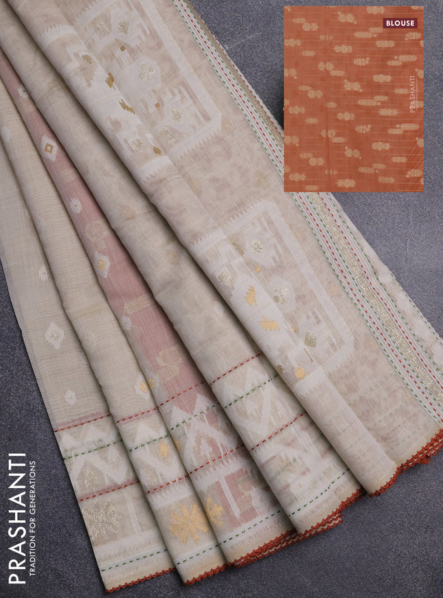 Chanderi silk cotton saree cream and rust shade with thread & zari woven buttas and jamdhani kantha stitch work border