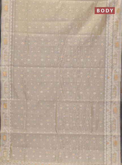 Chanderi silk cotton saree cream and grey with thread & zari woven buttas and jamdhani kantha stitch work border