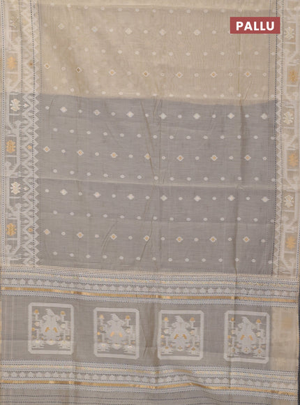 Chanderi silk cotton saree cream and grey with thread & zari woven buttas and jamdhani kantha stitch work border